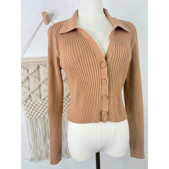 Aerie Gotta Jet Tan Ribbed Button Polo Sweater Medium Cropped - Picture 3 of 8